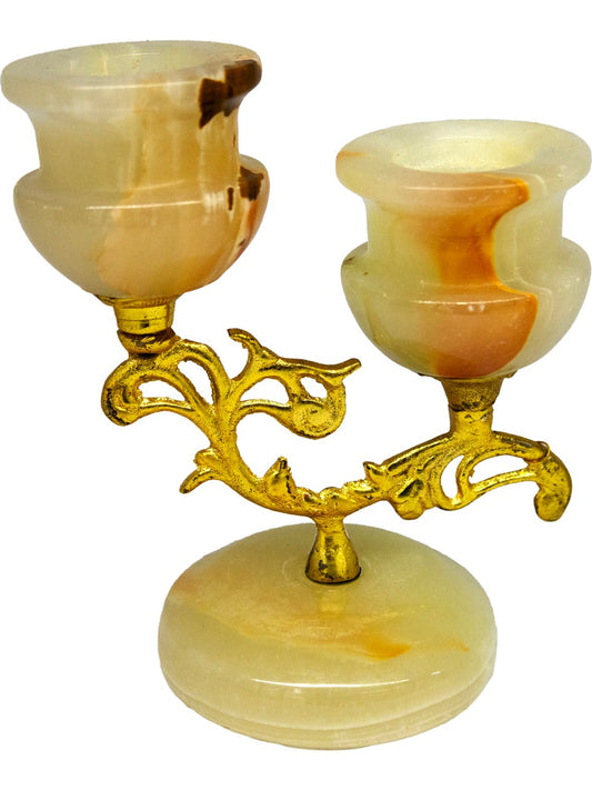 Onyx Doğal Taştan 2 li Şamdan - Dekoratif Prinçli Doğal Taş Şamdan ( damarlı akik )