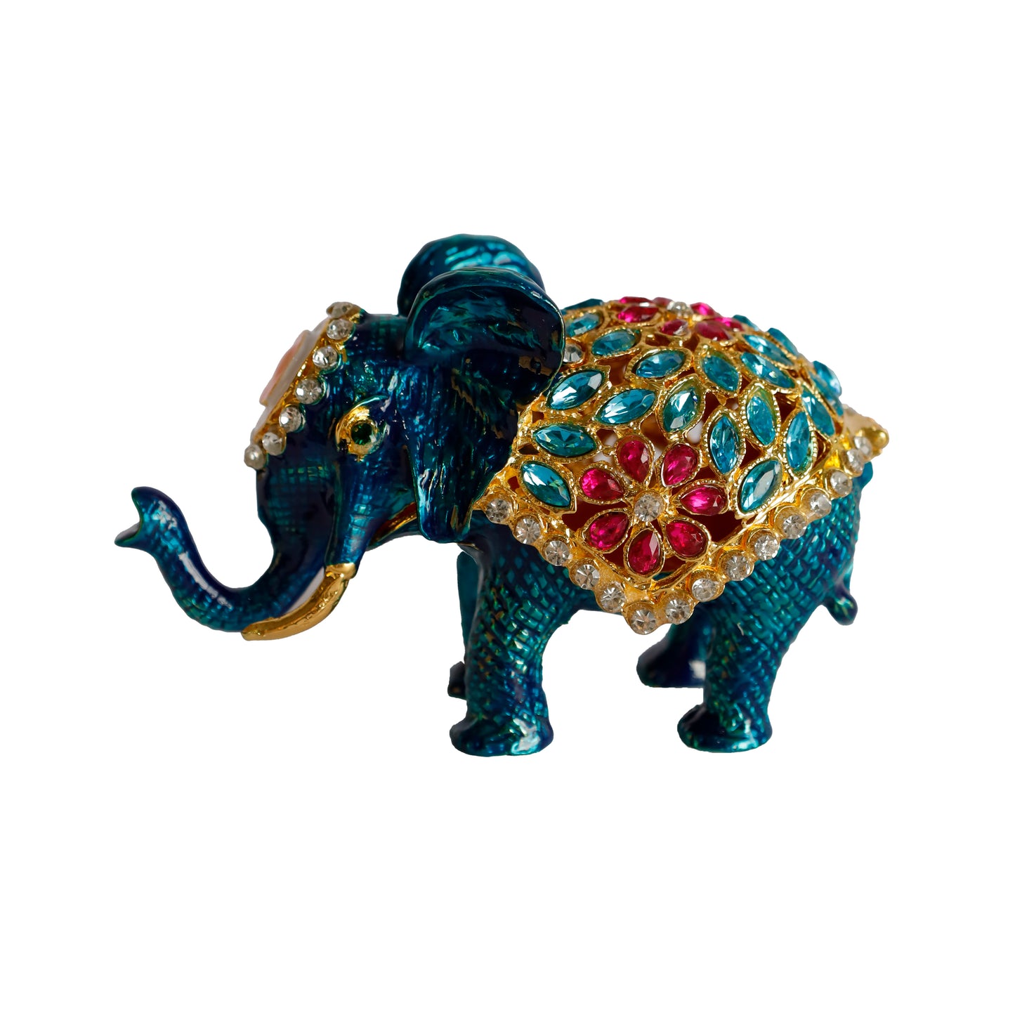 Kristal Taşlı Metal Fil Biblo – 12x7 cm – El Yapımı Dekoratif Süs Eşyası – Şans ve Bereket Sembolü – Kırmızı / Mavi / Siyah Renk Seçenekli
