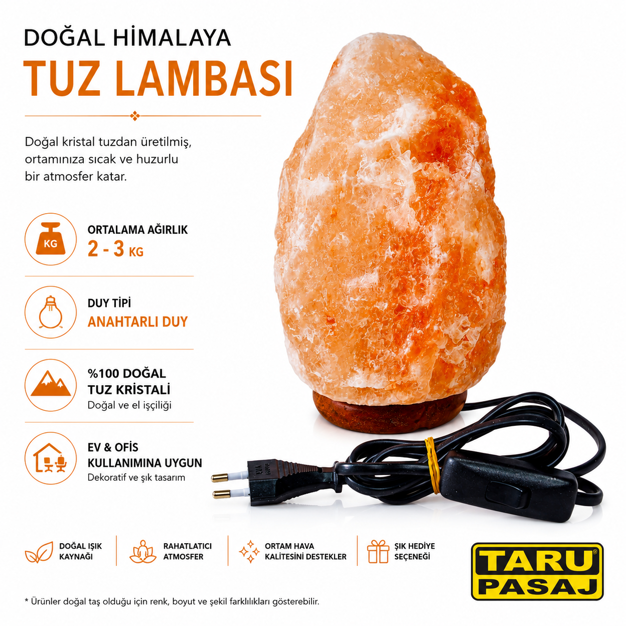 Doğal Himalaya Tuz Lambası 2-3Kg | Anahtarlı Duy | %100 Doğal Tuz Kristali | Ev, Ofis ve Dekoratif Gece Lambası