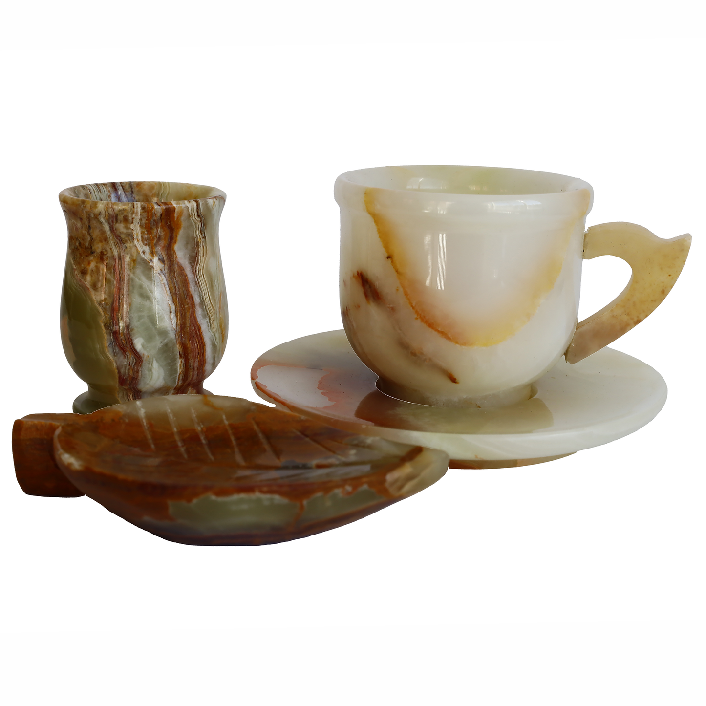 Oniks Doğal Taş Kahve Seti – El Yapımı Fincan, Ceviz Lokumluk & Su Bardağı | Dekoratif Hediyelik Lüks Kahve Takımı