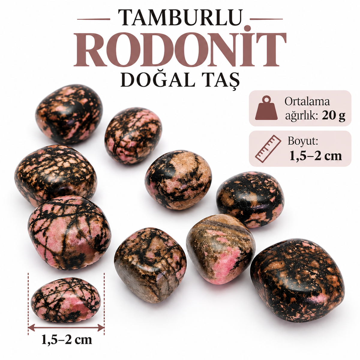 Tamburlu Rodonit Doğal Taş – Pembe ve Siyah Damarlı