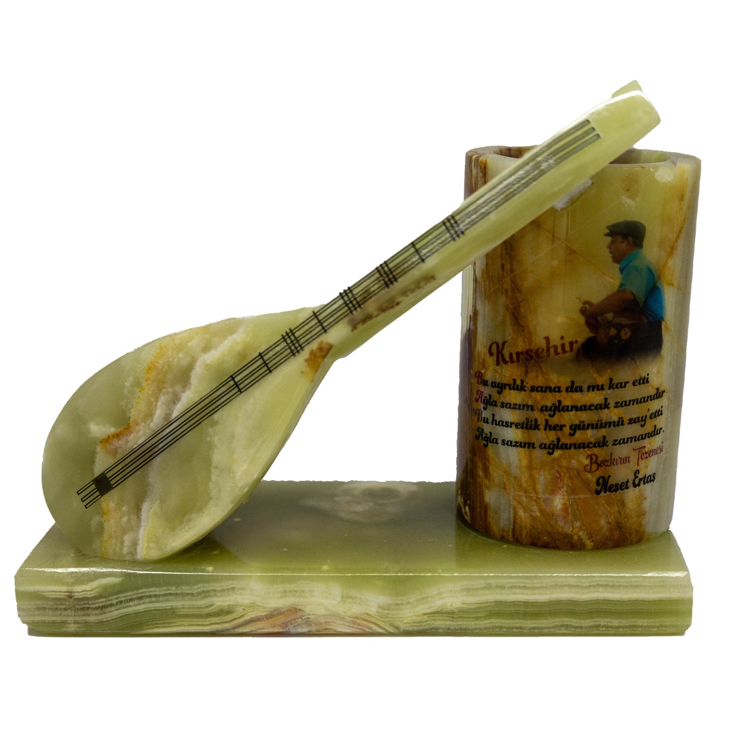 Handmade Poet's Lute Decorative Object with Desk Pen Holder from Onyx Veined Agate Stone – Natural Stone Office Gift