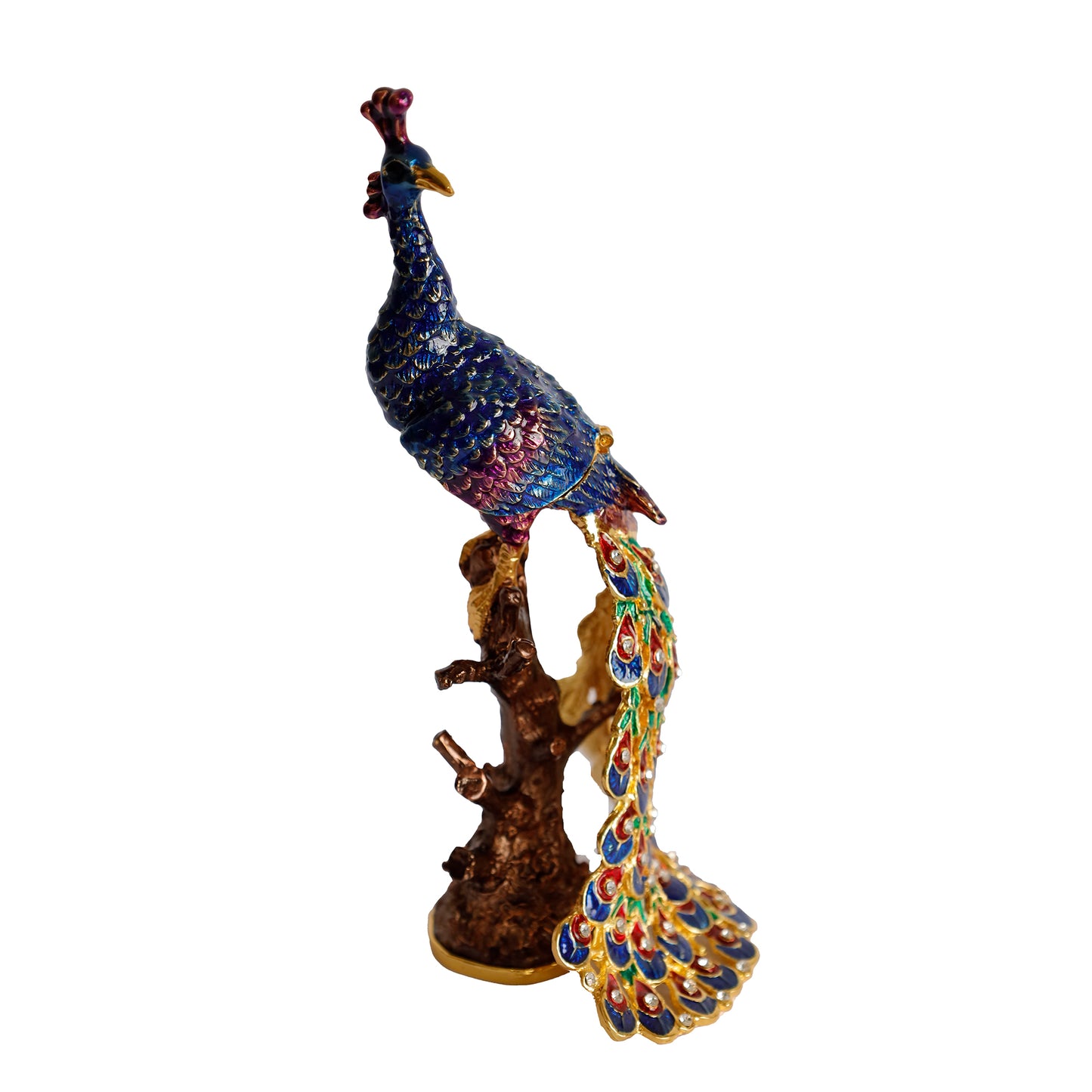 Kristal Taş İşlemeli Metal Tavus Kuşu Biblo – Ağaç Üzerinde Dekor – 18x9 cm