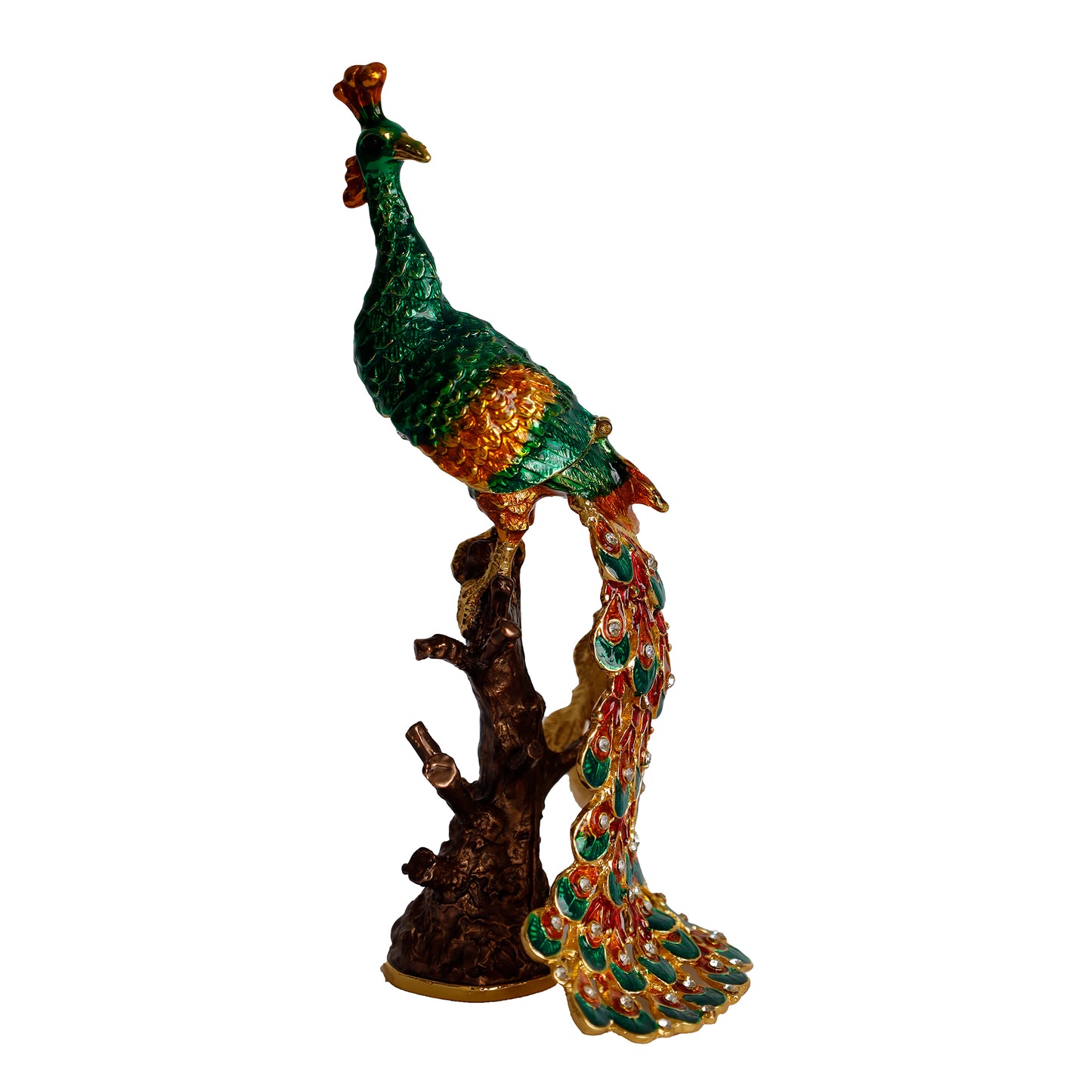 Kristal Taş İşlemeli Metal Tavus Kuşu Biblo – Ağaç Üzerinde Dekor – 18x9 cm