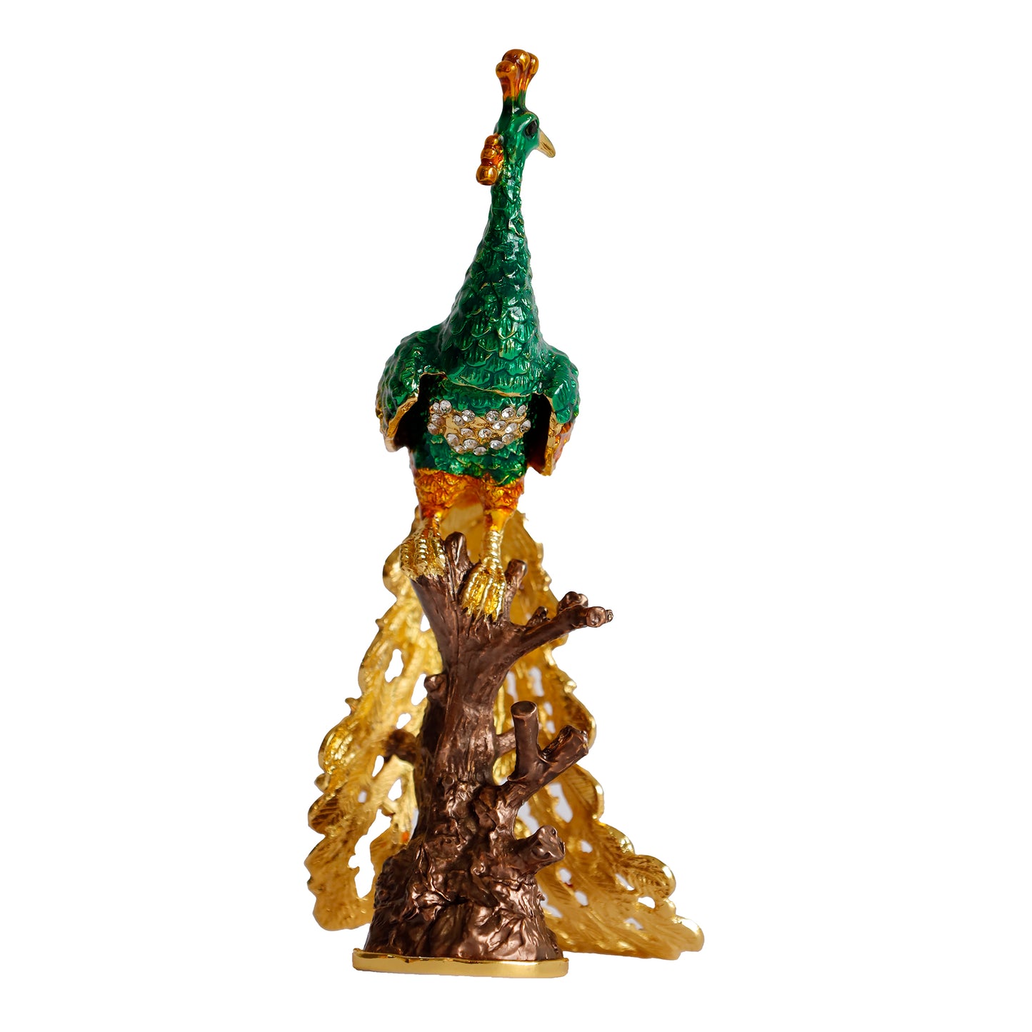 Kristal Taş İşlemeli Metal Tavus Kuşu Biblo – Ağaç Üzerinde Dekor – 18x9 cm