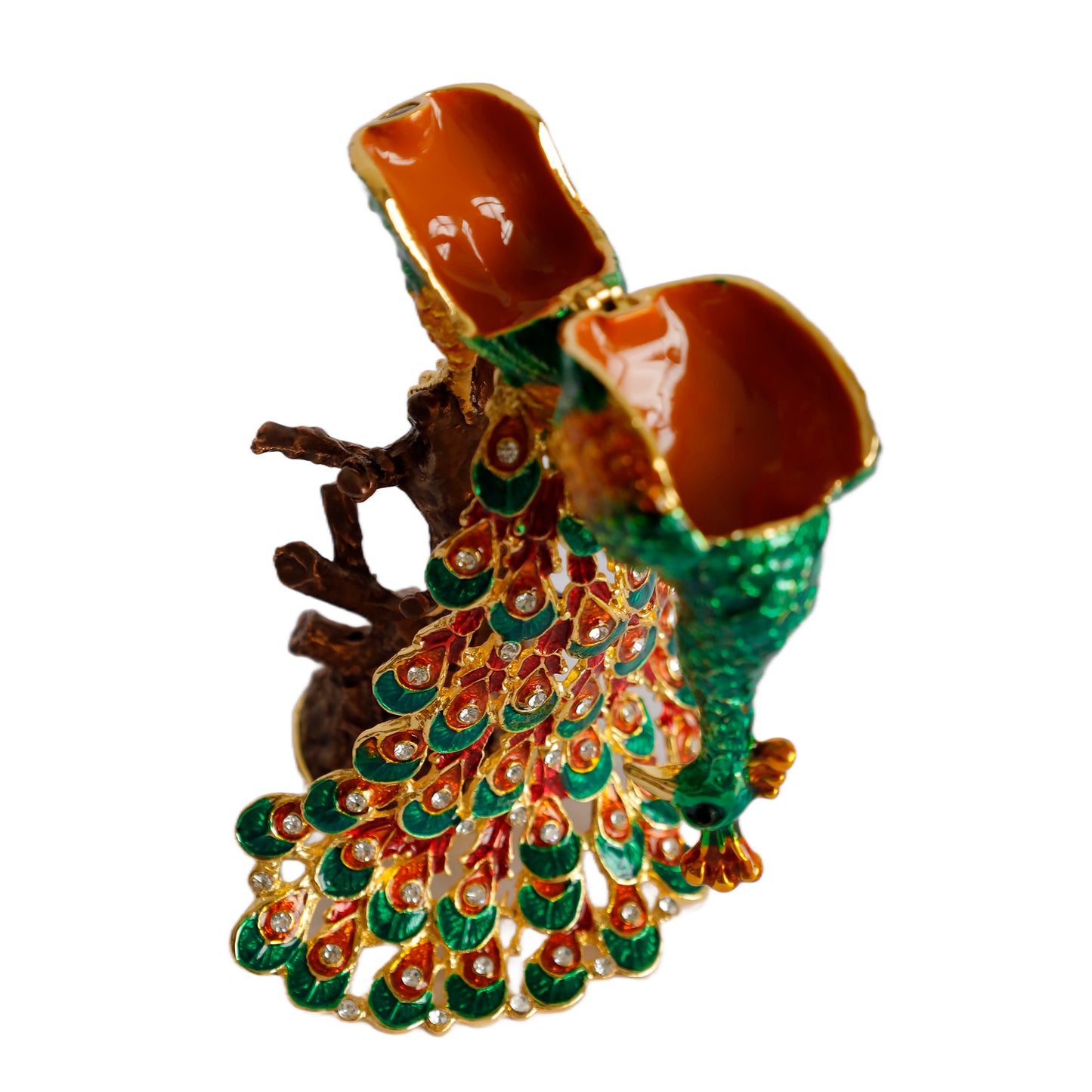 Kristal Taş İşlemeli Metal Tavus Kuşu Biblo – Ağaç Üzerinde Dekor – 18x9 cm