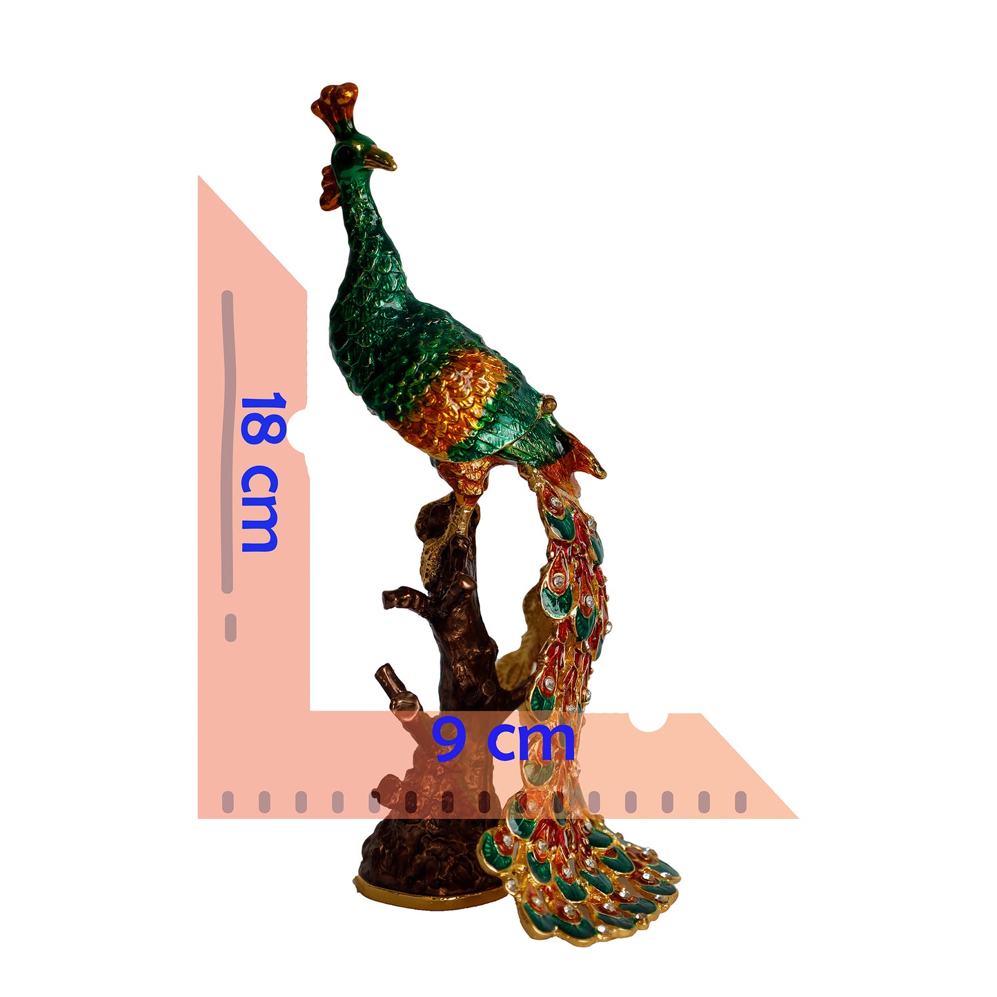 Kristal Taş İşlemeli Metal Tavus Kuşu Biblo – Ağaç Üzerinde Dekor – 18x9 cm