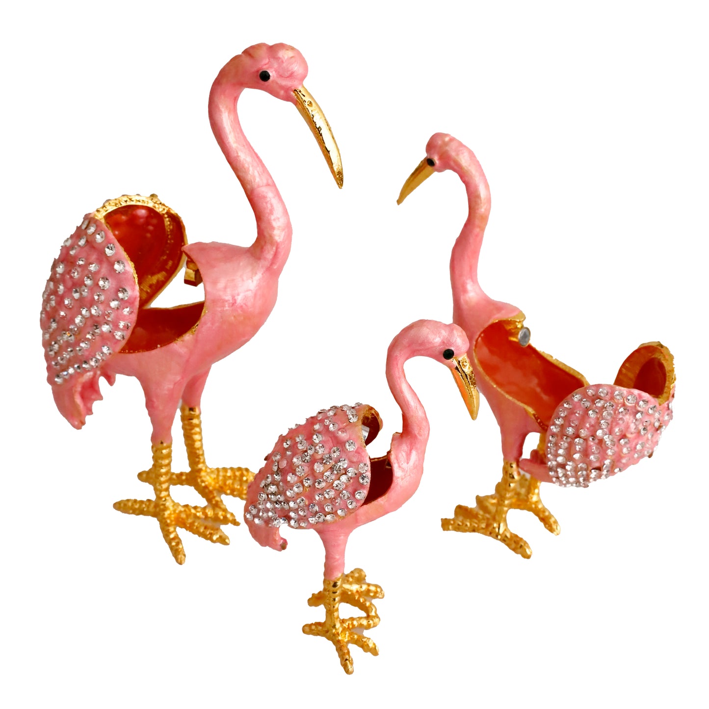 "Kristal Taş İşlemeli Metal Flamingo Ailesi - Şık ve Dekoratif Ürün"