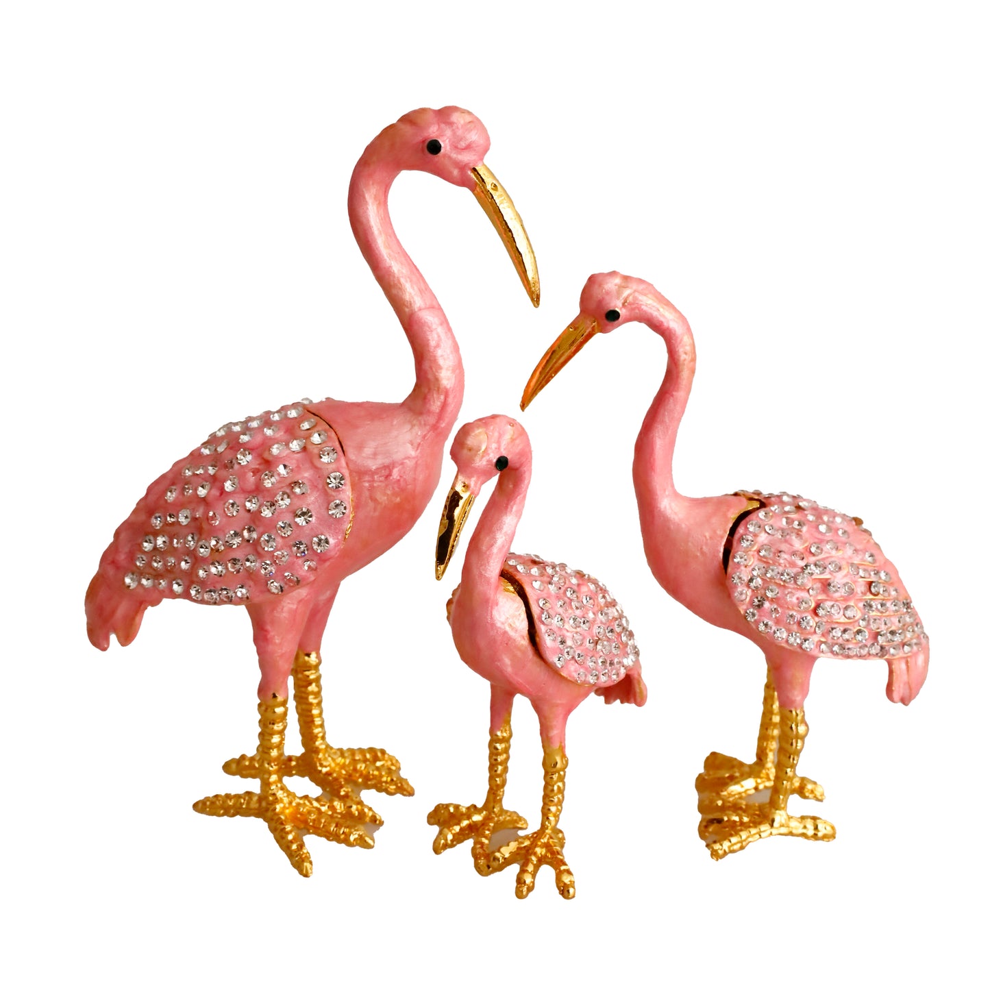 "Kristal Taş İşlemeli Metal Flamingo Ailesi - Şık ve Dekoratif Ürün"