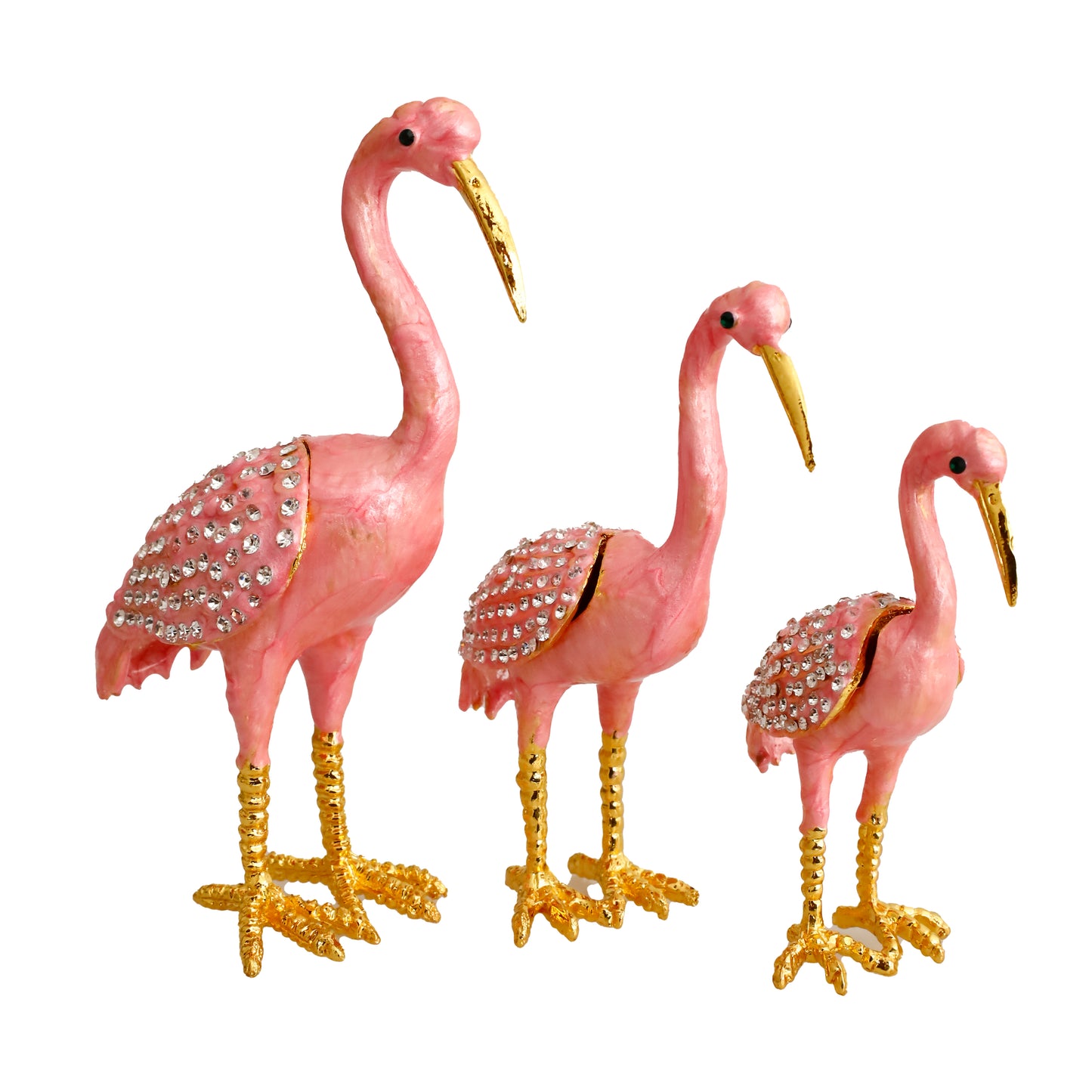 "Kristal Taş İşlemeli Metal Flamingo Ailesi - Şık ve Dekoratif Ürün"