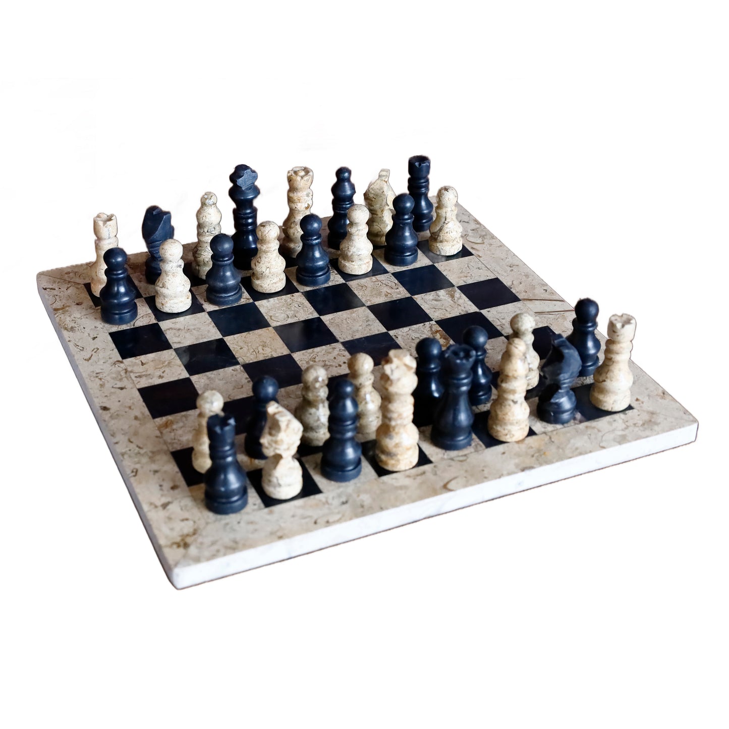 Doğal Siyah Oniks ve Fosilli Taş Satranç Takımı - El Yapımı 38x38 cm Dekoratif Taş Satranç Seti (Kutu Dahil)