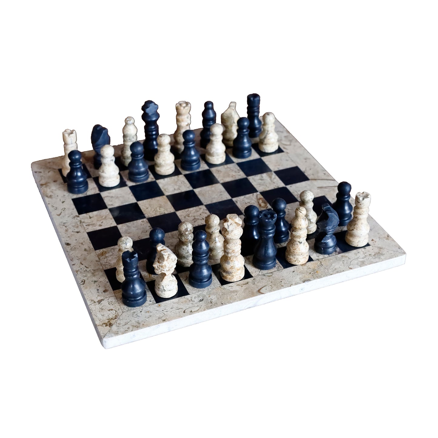 Doğal Siyah Oniks ve Fosilli Taş Satranç Takımı - El Yapımı 38x38 cm Dekoratif Taş Satranç Seti (Kutu Dahil)