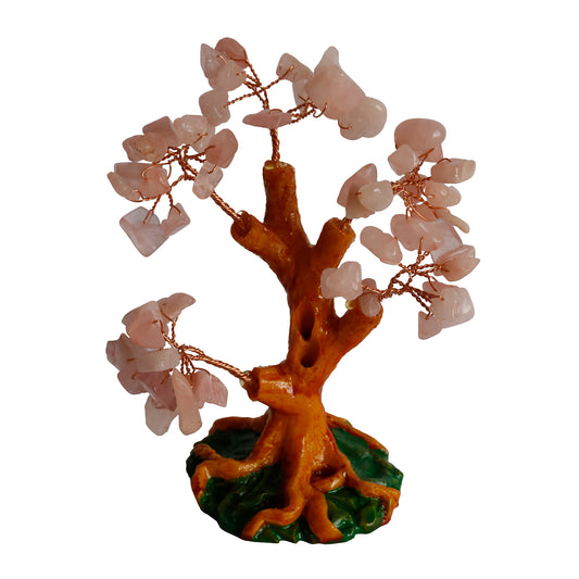 Pembe Kuvars Doğal Taşlı Hayat Ağacı Biblo - 16x14 cm El Yapımı Enerji Dekoru