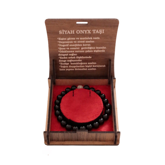 "Siyah Oniks Bileklik ve Kolye Seti – 8 mm Doğal Taş Şıklığı, Hediye Kutusunda"