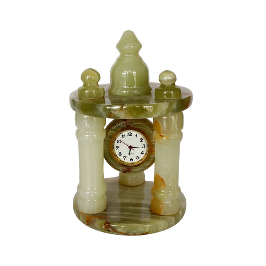 "Doğal Oniks Taşından El Yapımı Sütunlu Saat - Quartz Mekanizma, Dekoratif Hediye"