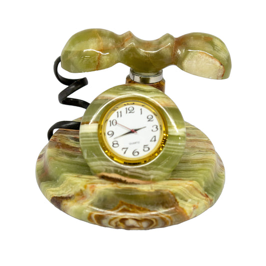 Ev Dekorasyon Çevirmeli Telefon - Doğal Taş Masa Saati - Akik Taşı Dekoratif Obje Biblo