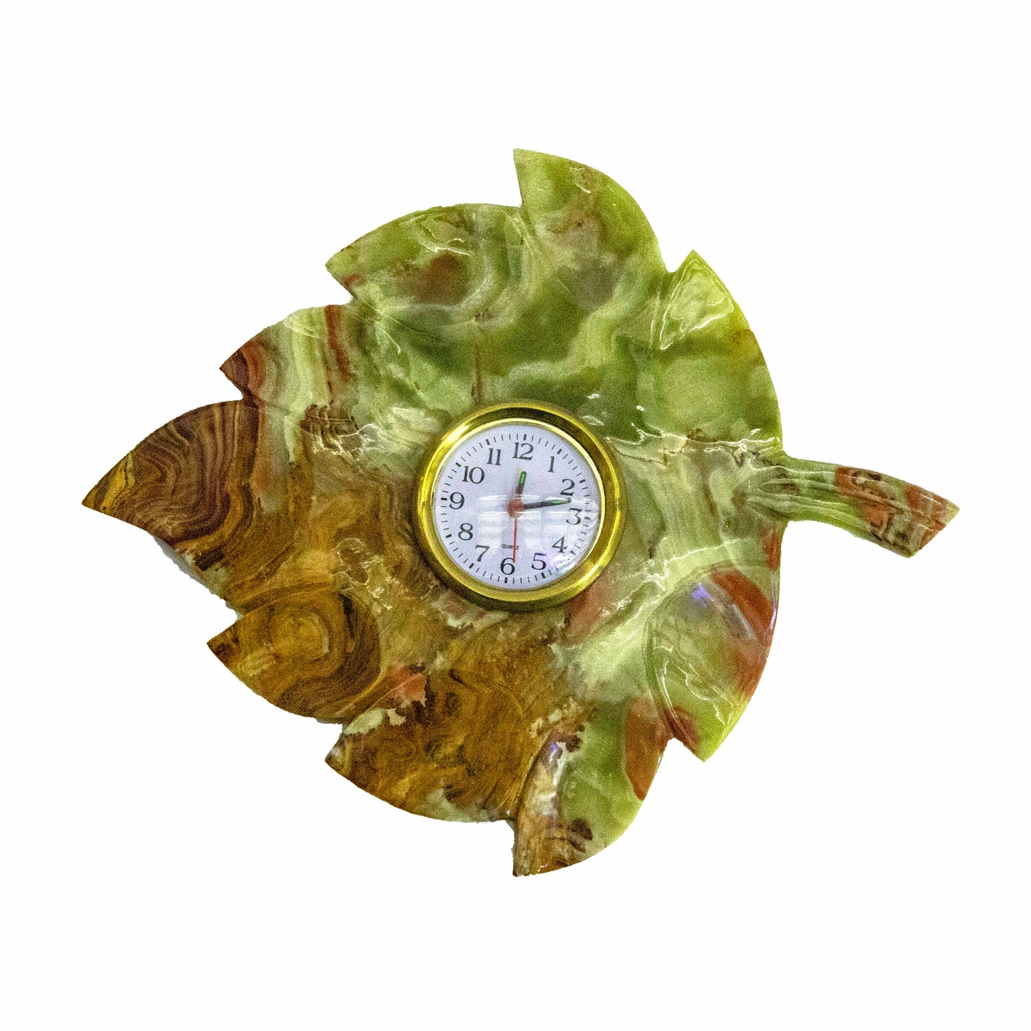 Doğal Oniks Yaprak Desenli Duvar Saati, 10 inç (25,4 cm), Yeşil ve Kahverengi
