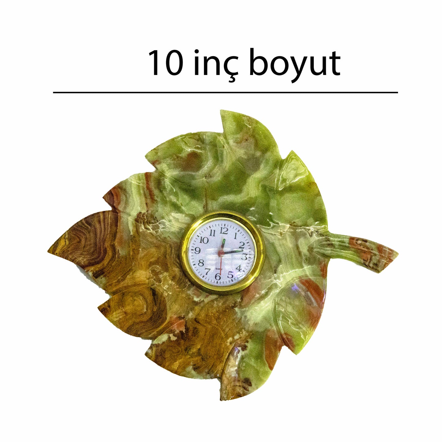 Doğal Oniks Yaprak Desenli Duvar Saati, 10 inç (25,4 cm), Yeşil ve Kahverengi