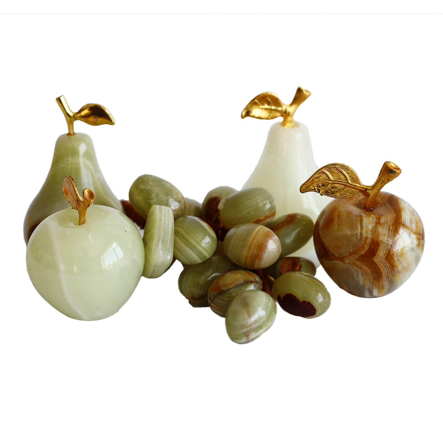 Onyx Natural Stone Fruit Set – 1.5” Apple x2, 1.5” Pear x2, 15-piece Grapes – Green/White/Brown – Handmade Decorative Gift