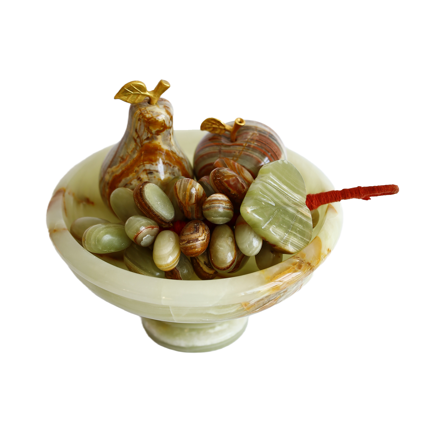 Natural Onyx Stone Fruit Set – 6 Inch Pedestal Bowl, Handcrafted Pear-Apple-Grape Decor, White & Coffee Patterned