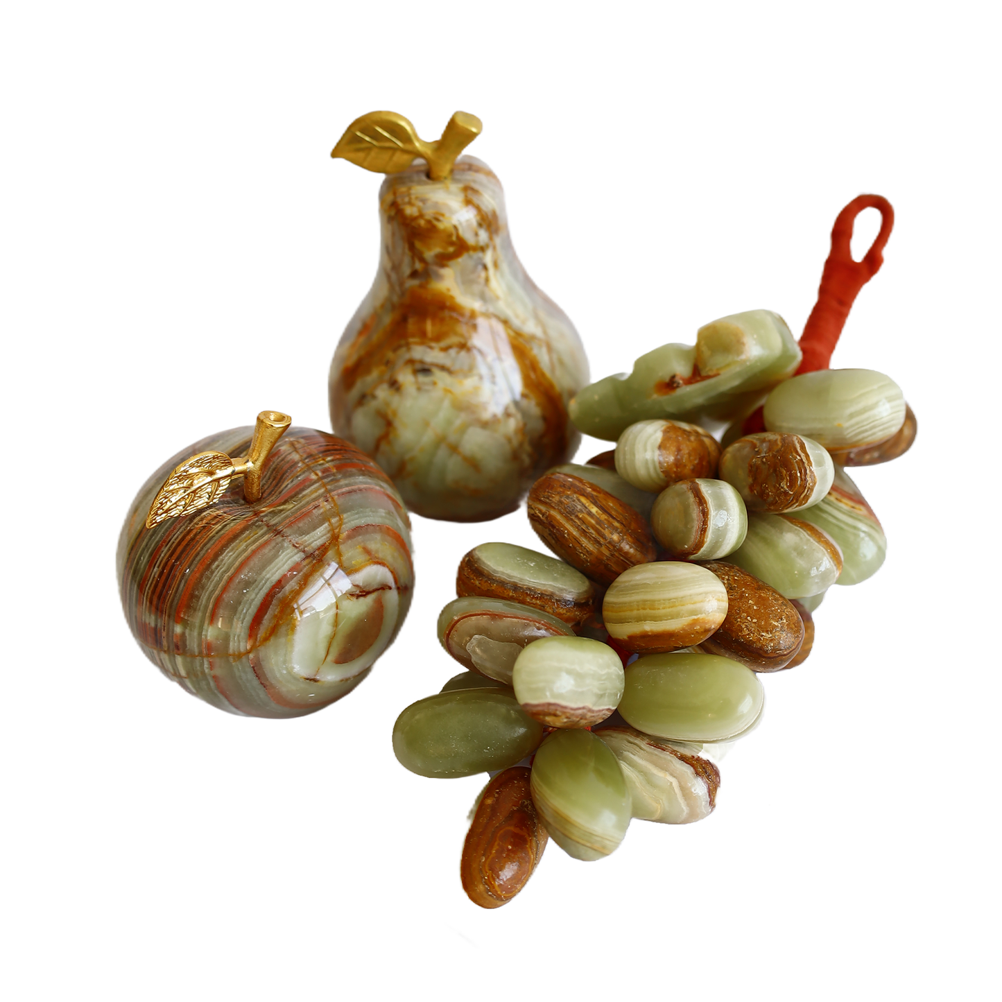 Onyx Natural Stone Fruit Set – 2” Apple, 2.3” Pear, 30-Count Grapes – White & Brown Color – Handmade Decorative Gift