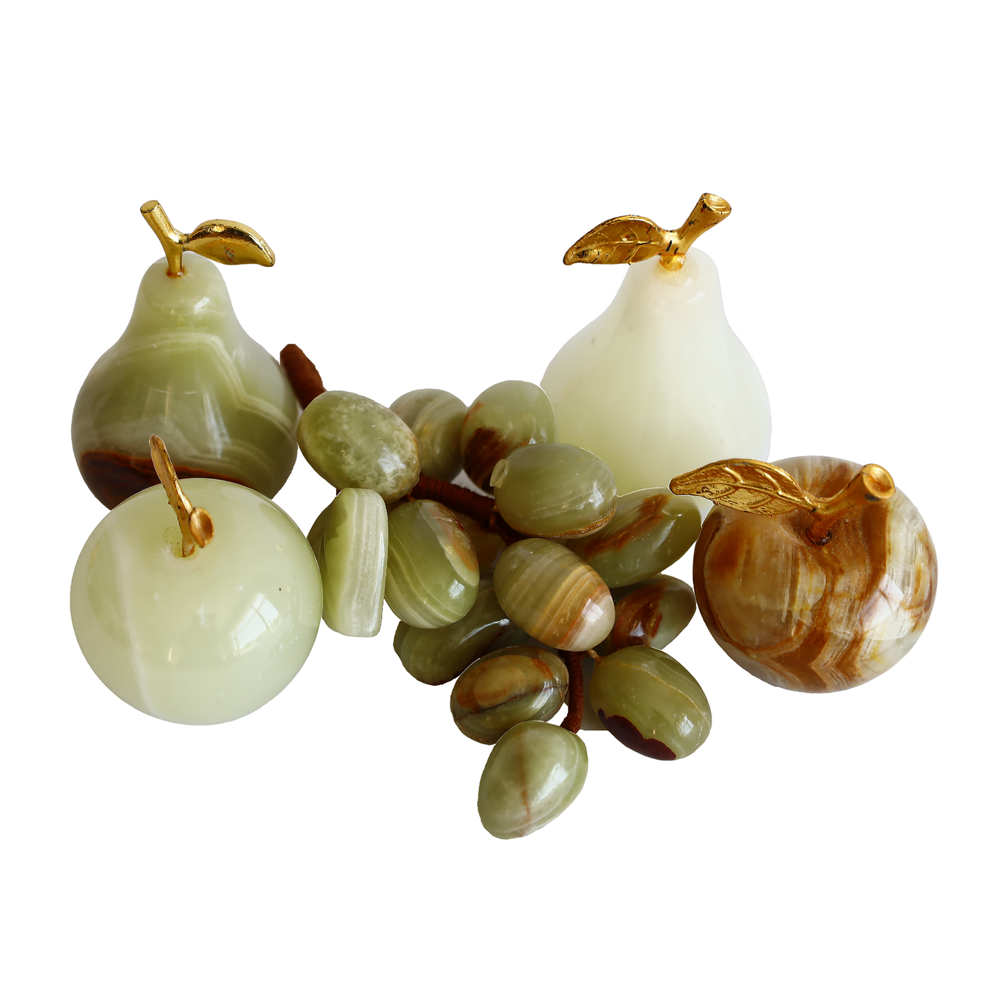 Onyx Natural Stone Fruit Set – 1.5” Apple x2, 1.5” Pear x2, 15-piece Grapes – Green/White/Brown – Handmade Decorative Gift