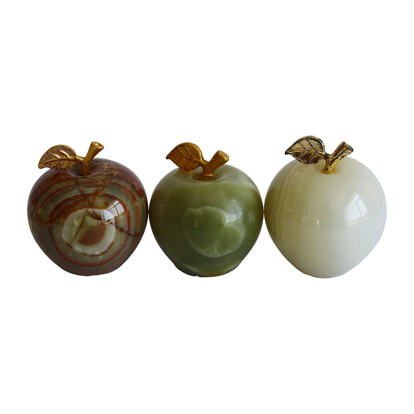 Onyx Natural Stone 3-Piece Apple Figurine Set – 6'' Footed Bowl – Handmade Decorative Fruit Set