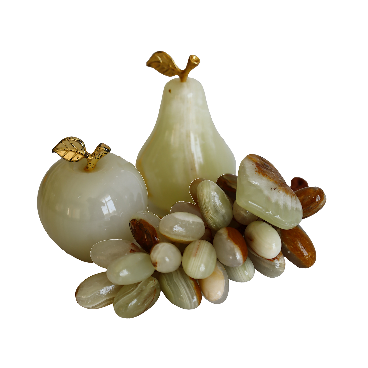 Onyx Natural Stone Fruit Set – 2” Apple, 2.3” Pear, 30-Count Grapes – White & Brown Color – Handmade Decorative Gift