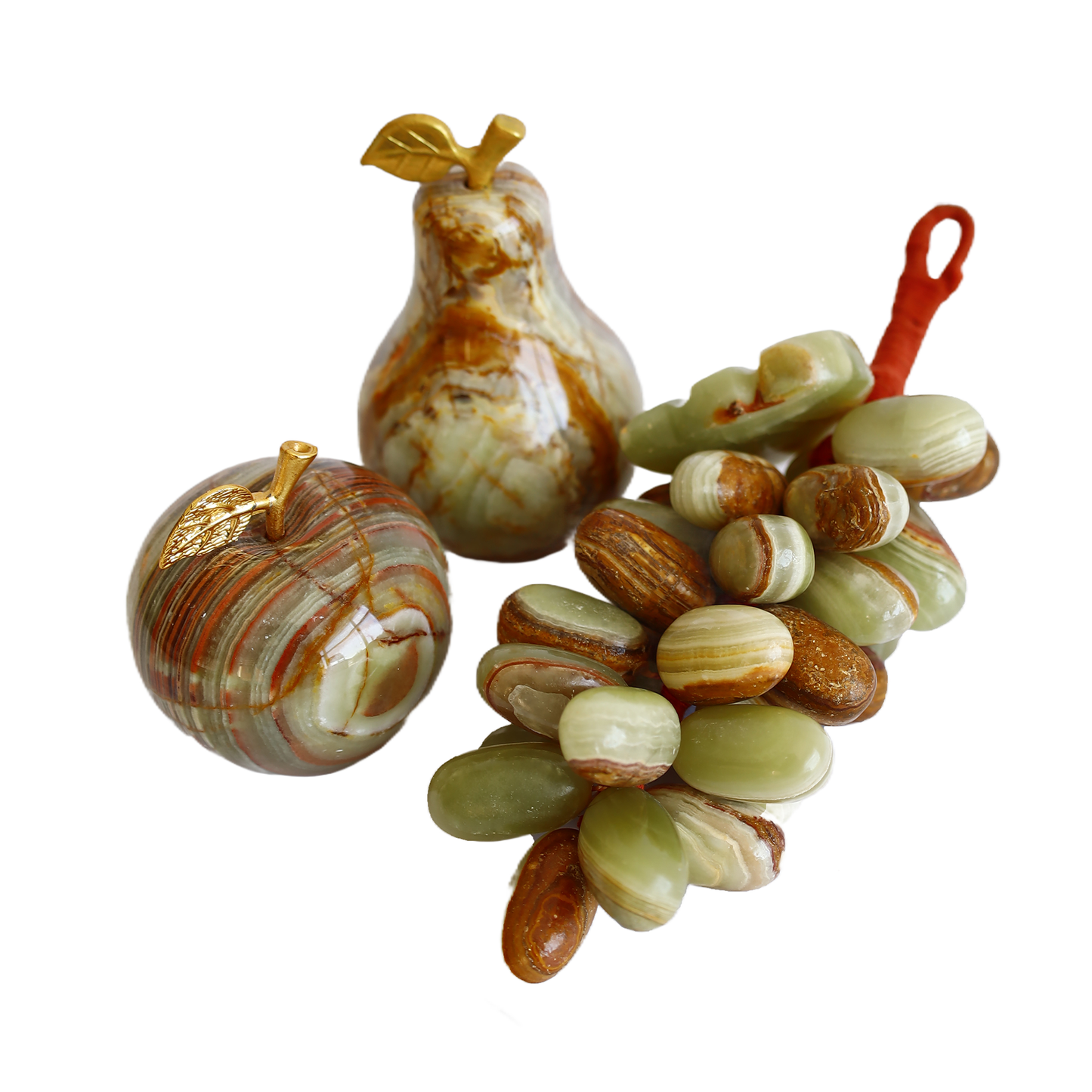 Onyx Natural Stone Fruit Set – 2” Apple, 2.3” Pear, 30-Count Grapes – White & Brown Color – Handmade Decorative Gift