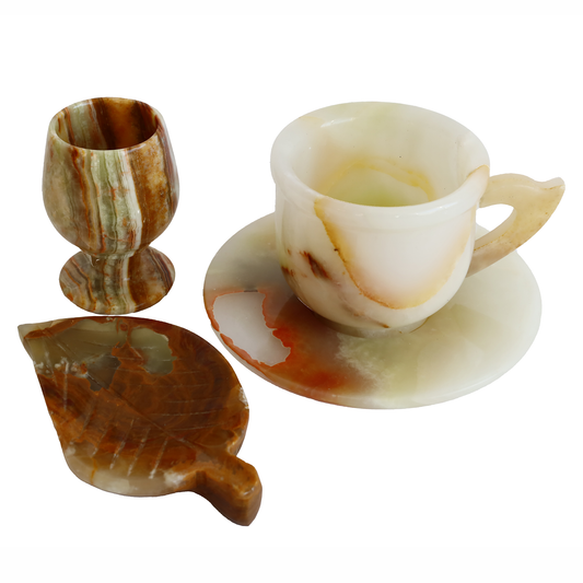 Oniks Doğal Taş Kahve Seti – El Yapımı Fincan, Ceviz Lokumluk & Su Bardağı | Dekoratif Hediyelik Lüks Kahve Takımı