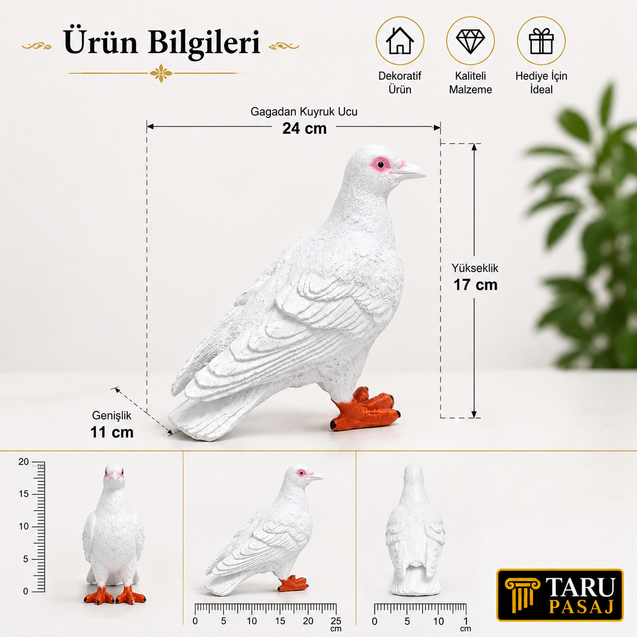 Canlı Boy Güvercin Biblo Polyester Dekoratif Heykel Hediyelik Ev Ofis Bahçe Dekoru 24 cm