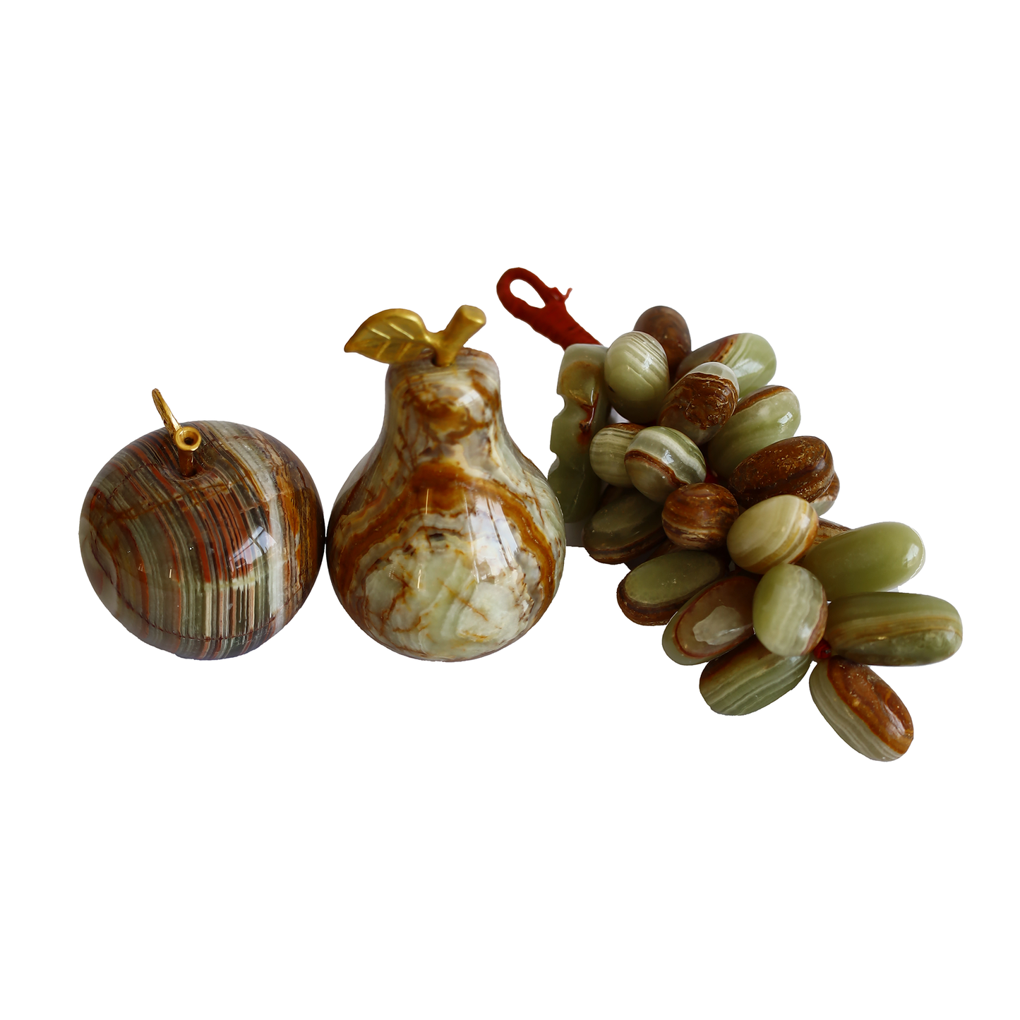 Onyx Natural Stone Fruit Set – 2” Apple, 2.3” Pear, 30-Count Grapes – White & Brown Color – Handmade Decorative Gift