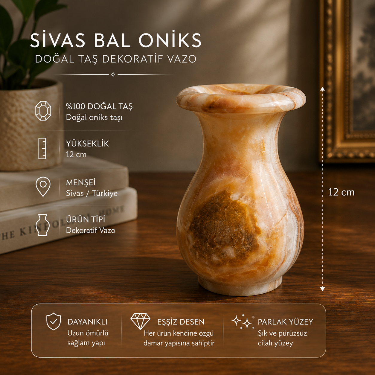 Sivas Bal Oniks Dekoratif Kupa Vazo 12 Cm Doğal Taş Salon Ofis Masaüstü Dekoru