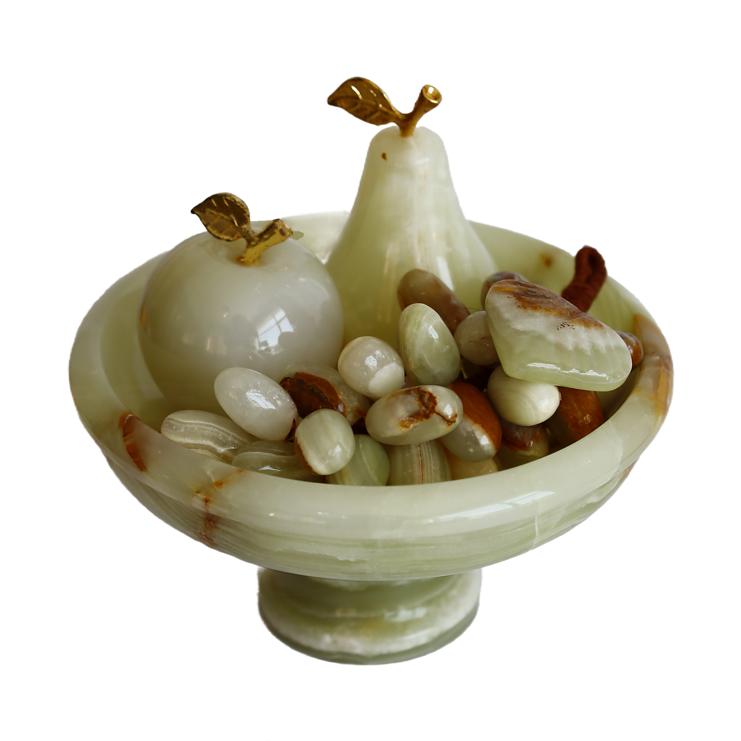 Natural Onyx Stone Fruit Set – 6 Inch Pedestal Bowl, Handcrafted Pear-Apple-Grape Decor, White & Coffee Patterned