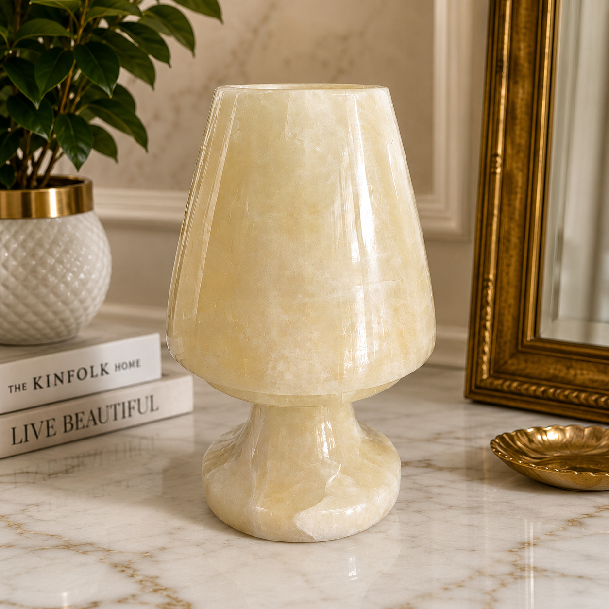 Doğal Oniks Taş Mumluk 12x8 cm | El Yapımı Geçmeli Mumluk | Işık Geçiren Premium Dekoratif Şamdan | Yemek Masası ve Özel Gün Hediyesi