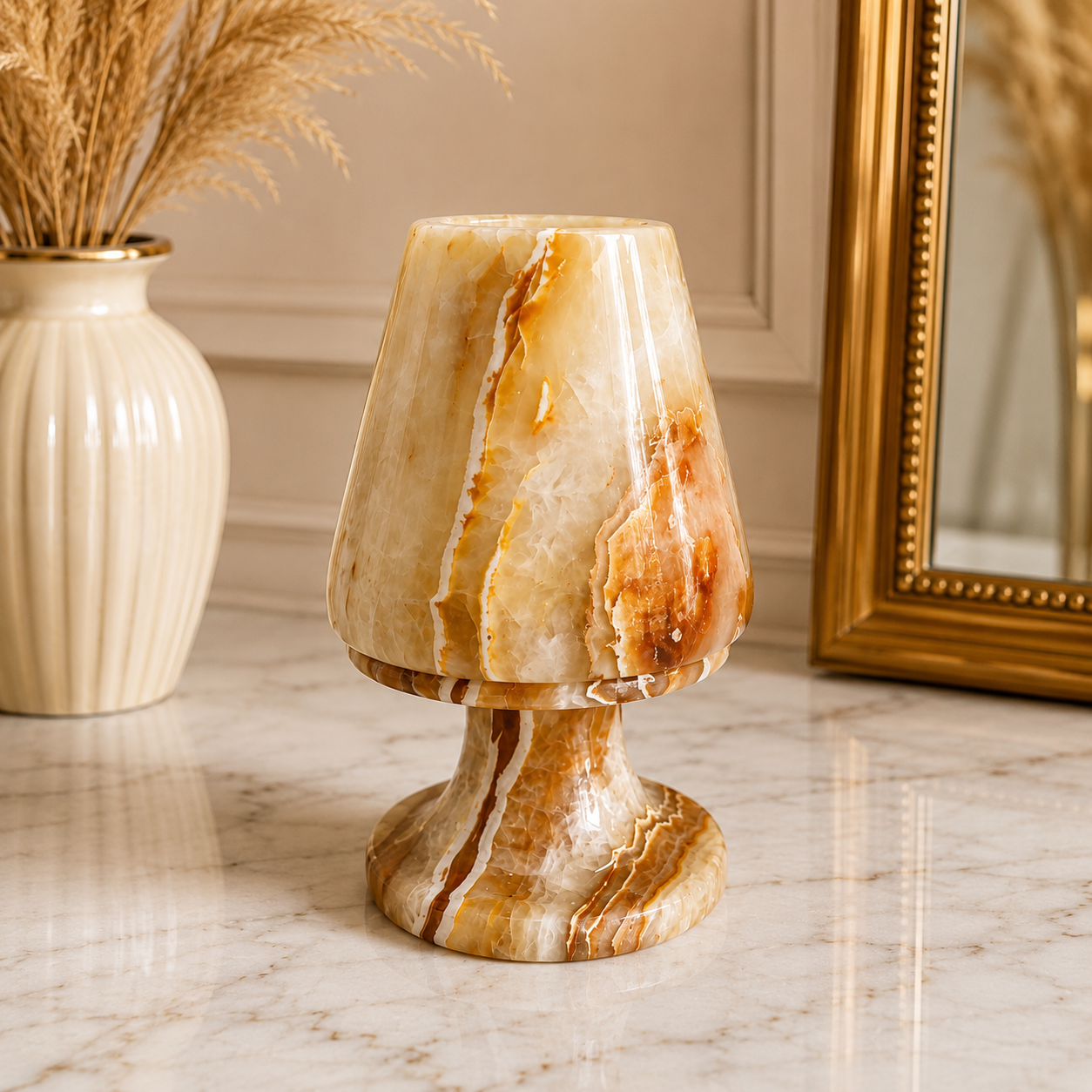 Doğal Oniks Taş Mumluk 12x8 cm | El Yapımı Geçmeli Mumluk | Işık Geçiren Premium Dekoratif Şamdan | Yemek Masası ve Özel Gün Hediyesi