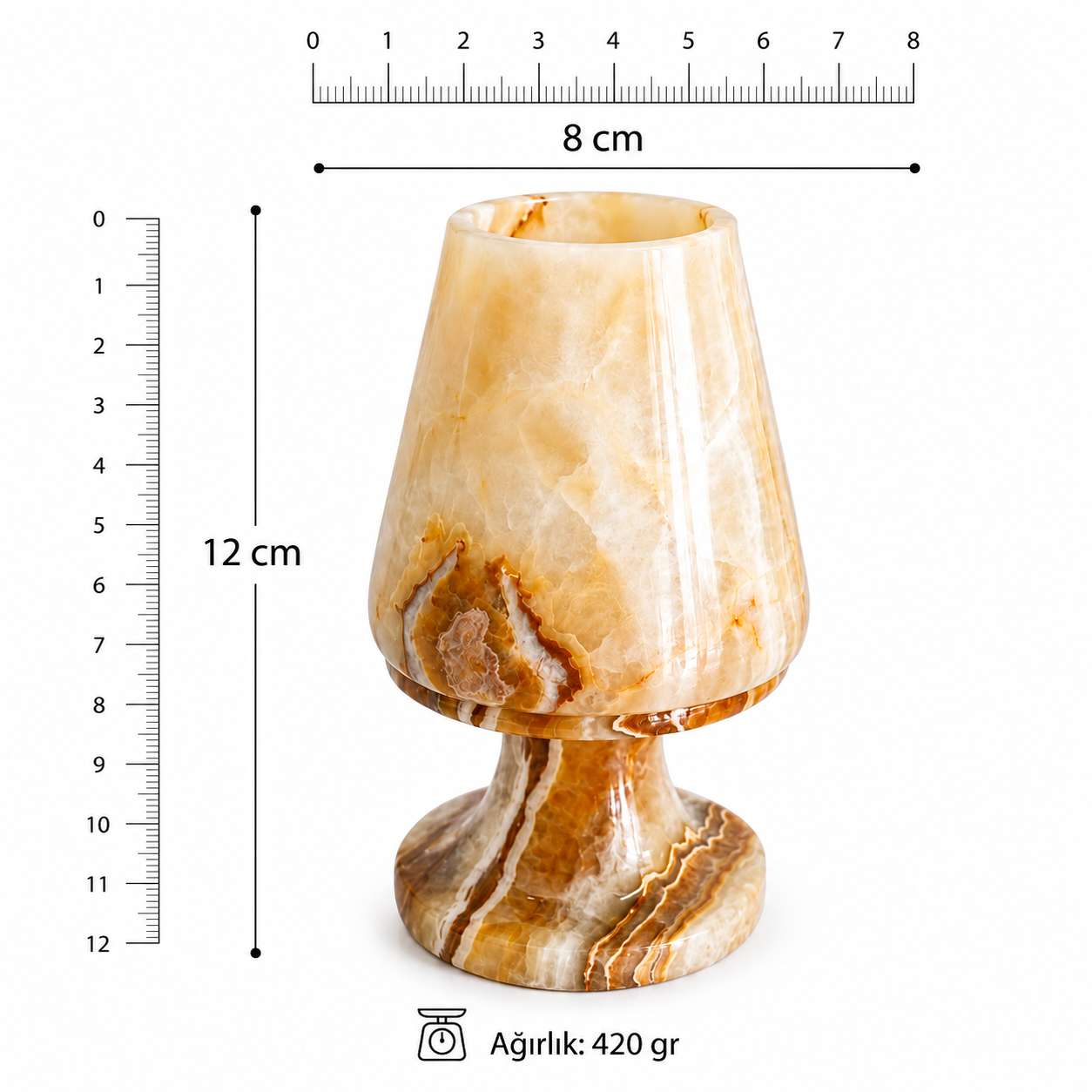 Doğal Oniks Taş Mumluk 12x8 cm | El Yapımı Geçmeli Mumluk | Işık Geçiren Premium Dekoratif Şamdan | Yemek Masası ve Özel Gün Hediyesi