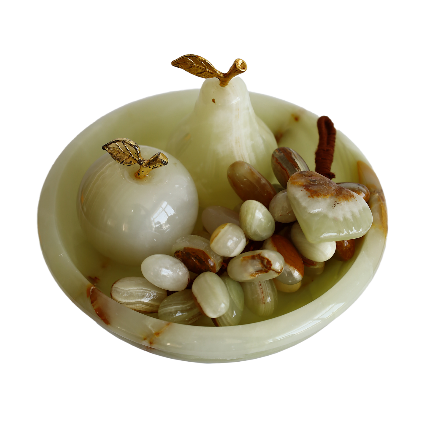 Natural Onyx Stone Fruit Set – 6 Inch Pedestal Bowl, Handcrafted Pear-Apple-Grape Decor, White & Coffee Patterned