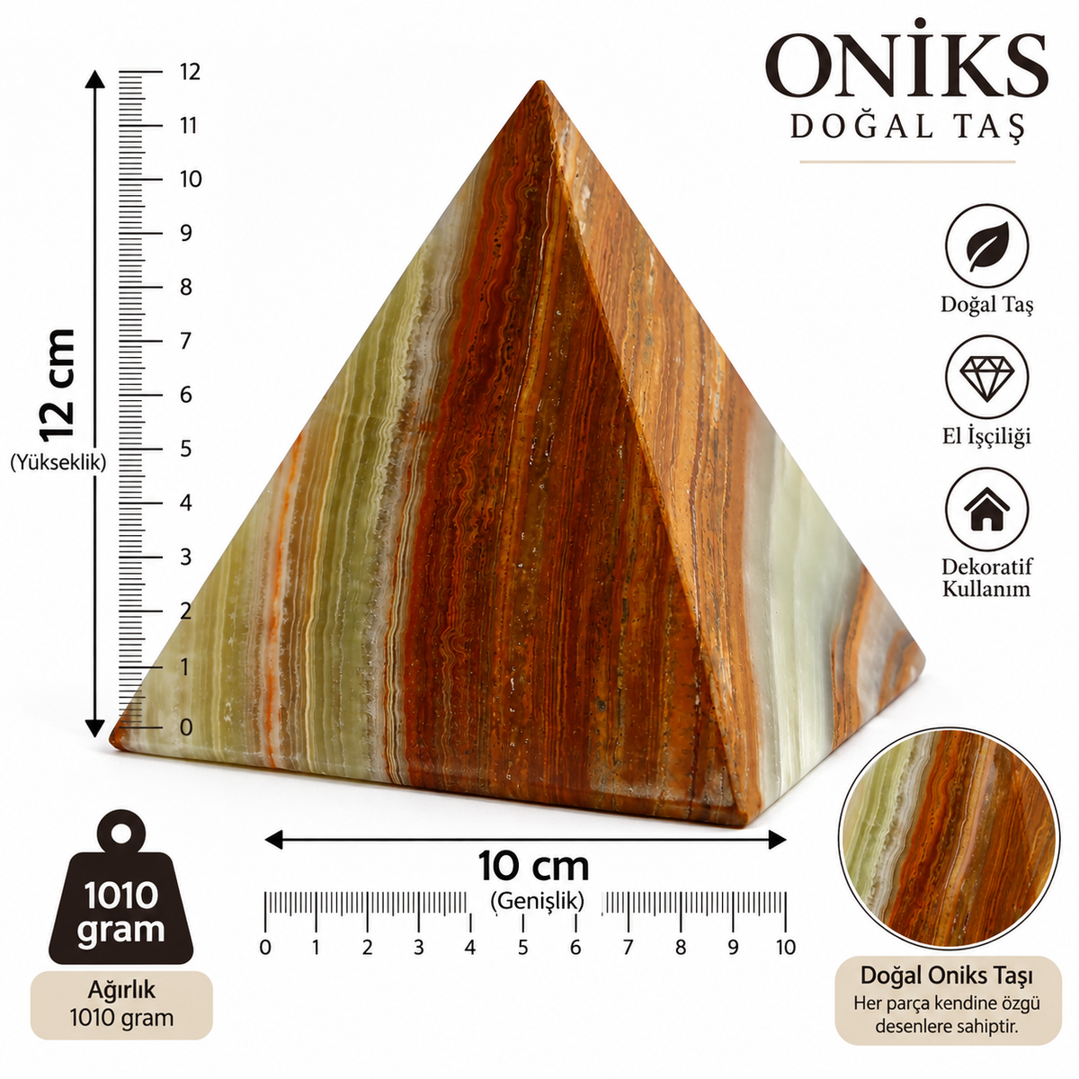 Oniks Doğal Taş Piramit 4 inç – El Yapımı Özgün Dekoratif Obje – Enerji & Feng Shui Taşı