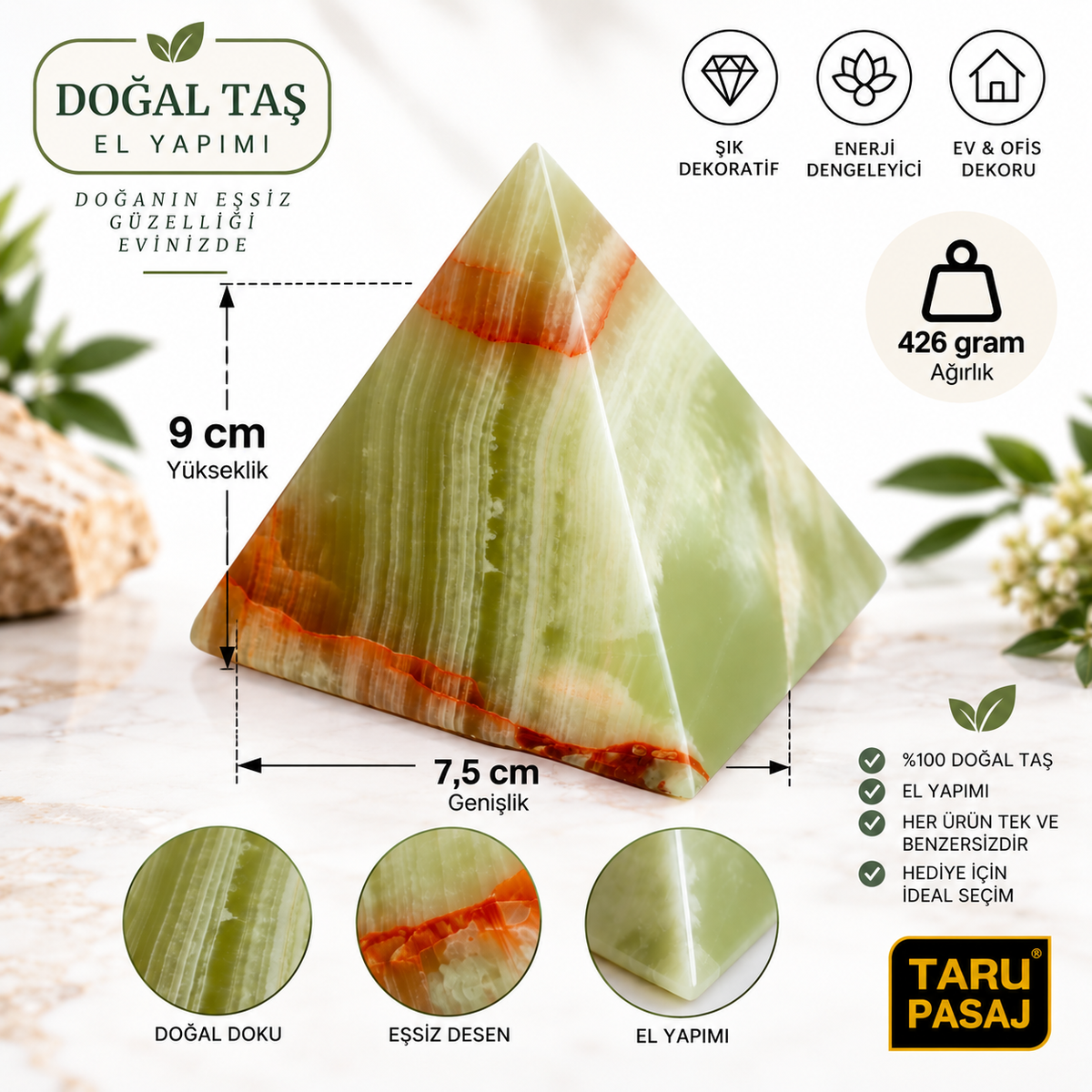 Yeşil Oniks Doğal Taş Piramit 3 İnç (9x7,5 cm) – El Yapımı Özgün Dekoratif Feng Shui Objesi