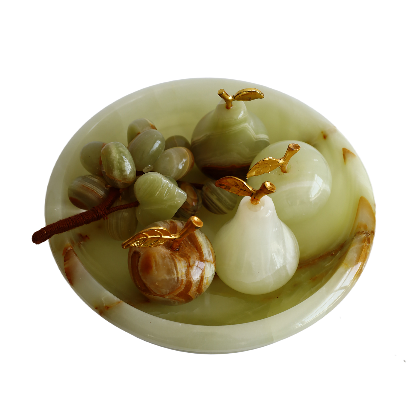 Onyx Natural Stone Fruit Set – 5 Pieces – 6” Pedestal Bowl + Apple & Pear + Grape Cluster – Handmade Decorative