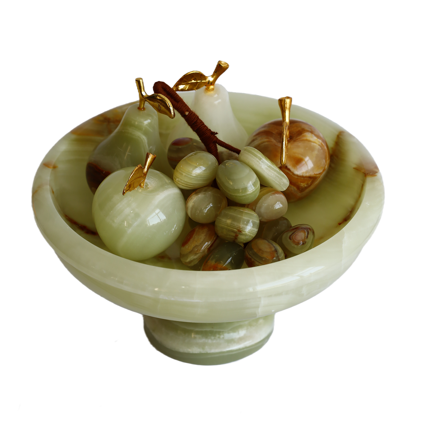 Onyx Natural Stone Fruit Set – 5 Pieces – 6” Pedestal Bowl + Apple & Pear + Grape Cluster – Handmade Decorative