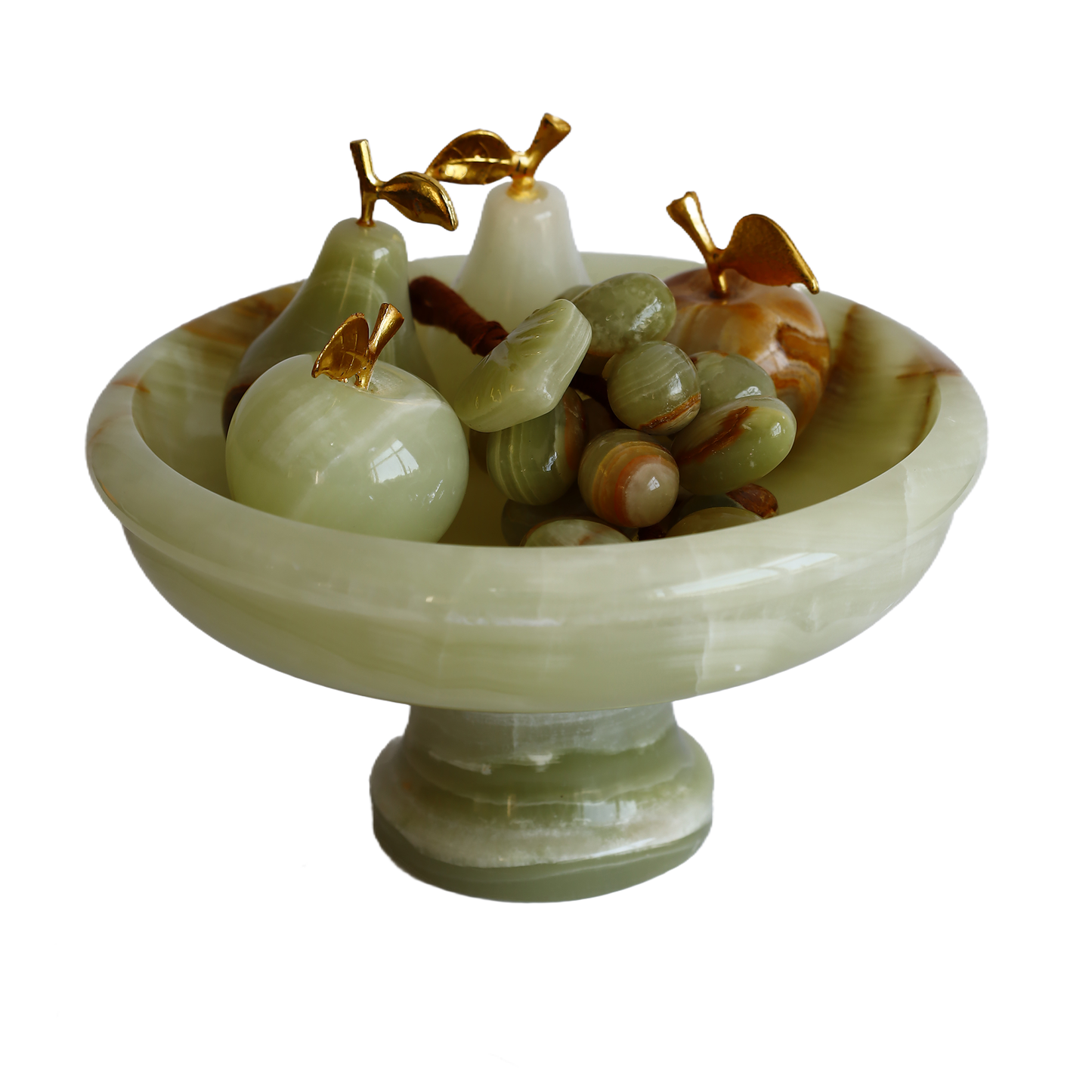 Onyx Natural Stone Fruit Set – 5 Pieces – 6” Pedestal Bowl + Apple & Pear + Grape Cluster – Handmade Decorative
