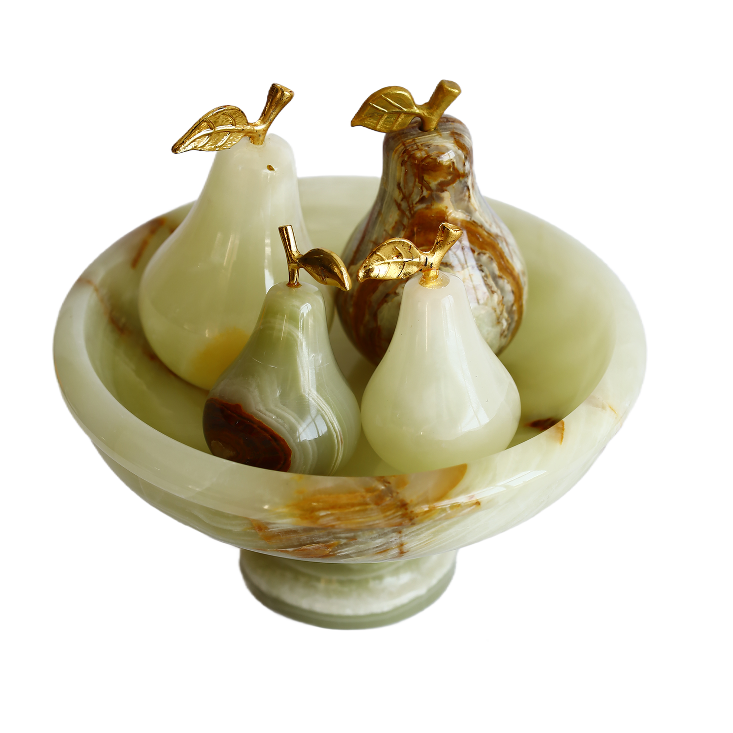 Handmade Natural Onyx Stone Pear Set and 6-Inch Bowl - Decorative Tableware and Home Accessory, Symbol of Abundance