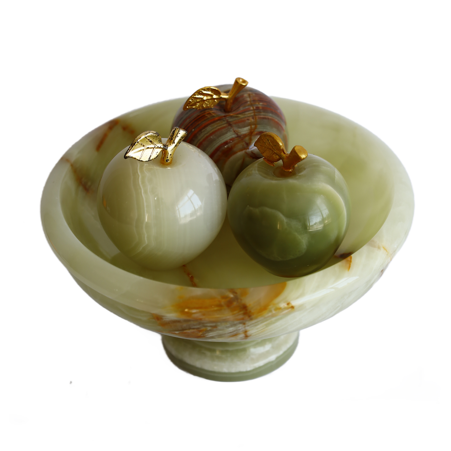 Onyx Natural Stone 3-Piece Apple Figurine Set – 6'' Footed Bowl – Handmade Decorative Fruit Set