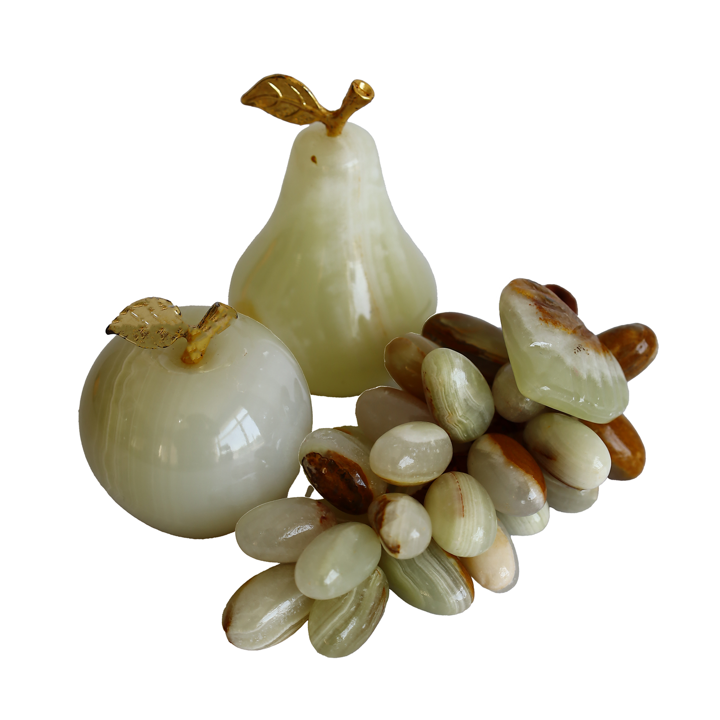 Onyx Natural Stone Fruit Set – 2” Apple, 2.3” Pear, 30-Count Grapes – White & Brown Color – Handmade Decorative Gift