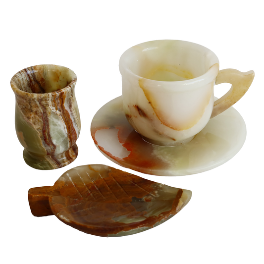 Oniks Doğal Taş Kahve Seti – El Yapımı Fincan, Ceviz Lokumluk & Su Bardağı | Dekoratif Hediyelik Lüks Kahve Takımı