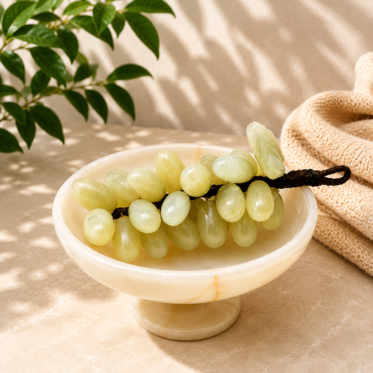 Feng Shui Bereket Üzümü ve Van Taşı Ayaklı Çanak Seti | 30 Taneli Doğal Taş Üzüm Salkımı Dekor – 5 İnç El Yapımı Çanak