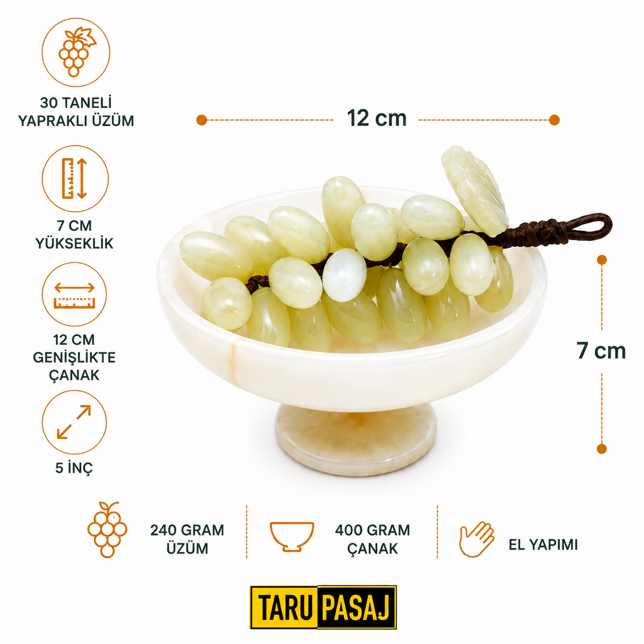 Feng Shui Bereket Üzümü ve Van Taşı Ayaklı Çanak Seti | 30 Taneli Doğal Taş Üzüm Salkımı Dekor – 5 İnç El Yapımı Çanak