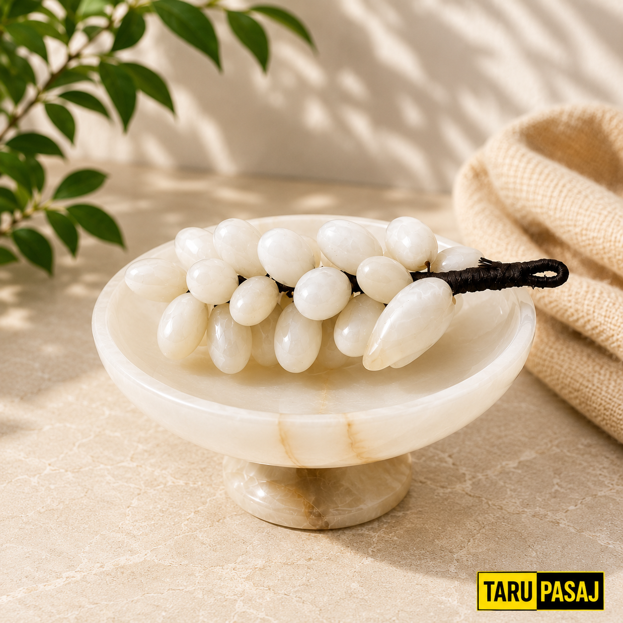 Feng Shui Bereket Üzümü ve Van Taşı Ayaklı Çanak Seti | 30 Taneli Doğal Taş Üzüm Salkımı Dekor – 5 İnç El Yapımı Çanak